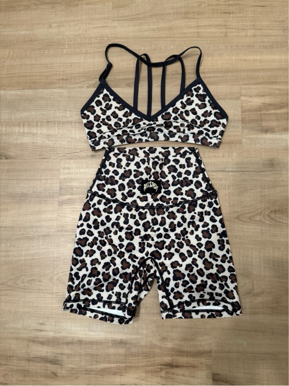 Kill Crew Leopard Print Strappy Sports Bra & Bike Shorts - White/Brown/Black